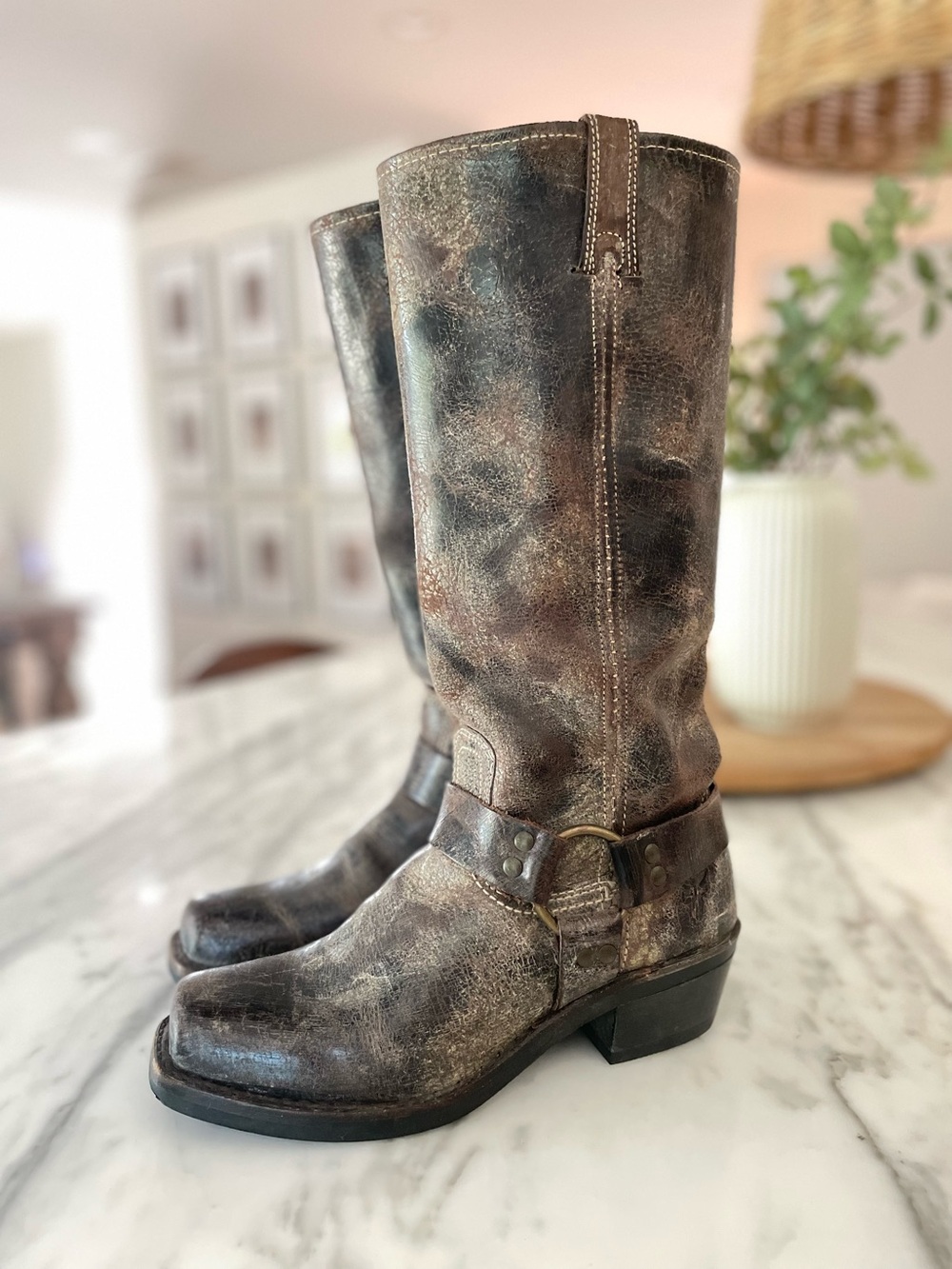 Frye Vtg Distressed Brown Boots 15R Western Cowboy Harness Womens Size 7.5M
